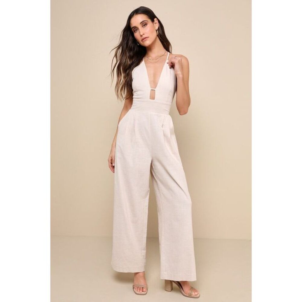 Lulus Covetable Vibe Beige Linen Lace-up Backless Wide-leg Jumpsuit - Size M